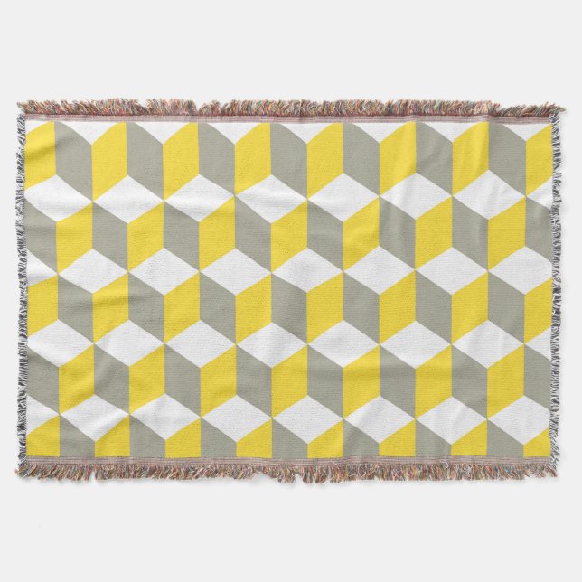 Diamond Repeating Pattern In Mustard Grey White Throw Blanket (Front)