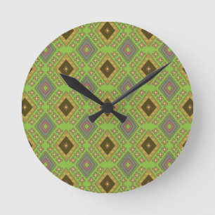 Diamond Rhombus Pink Floral Green Pattern Round Clock
