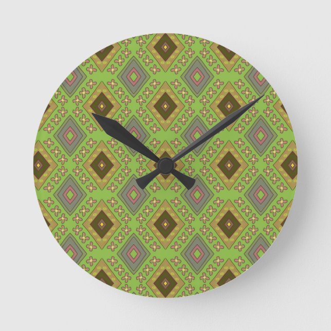 Diamond Rhombus Pink Floral Green Pattern Round Clock (Front)