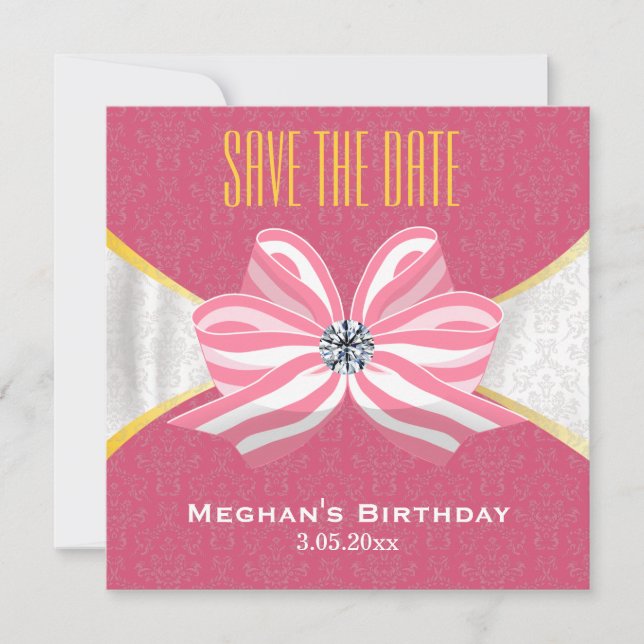 Diamond Ribbon with Pink Damask Pattern Save The Date (Front)