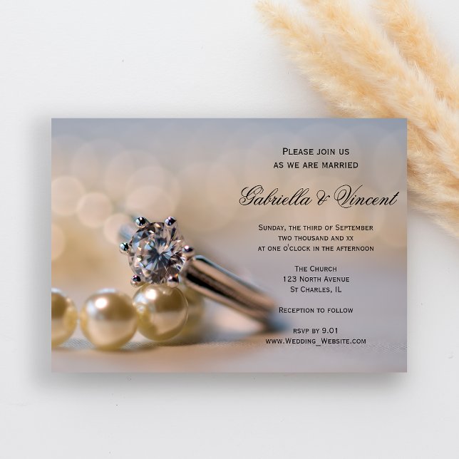 Diamond Ring and Pearls Wedding Invitation (Invite guests to your marriage ceremony with the elegant Diamond Ring and Pearls Wedding Invitation.)
