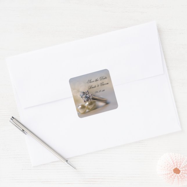 Diamond Ring and Pearls Wedding Save the Date Square Sticker (Envelope)