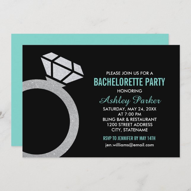 Diamond Ring Aqua Blue Wedding Bachelorette Party Invitation (Front/Back)