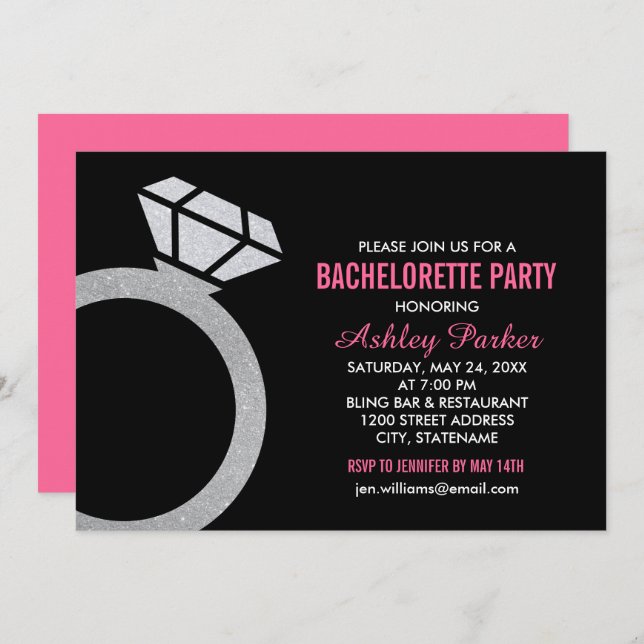 Diamond Ring Hot Pink Wedding Bachelorette Party Invitation (Front/Back)