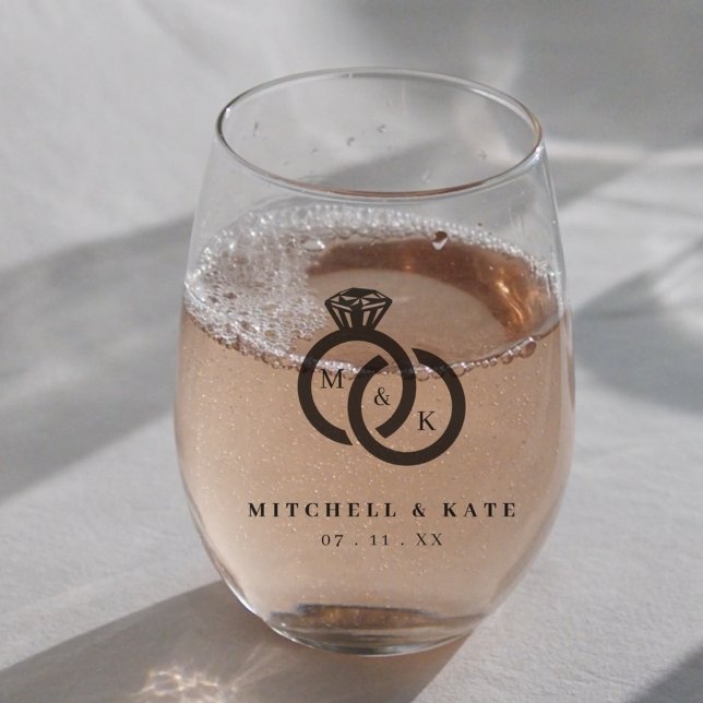 Diamond Ring Monogram Wedding Favour Stemless Wine Glass (Creator Uploaded)
