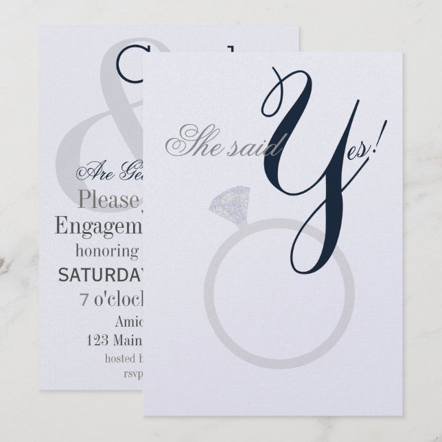 Diamond Ring She Said Yes Navy And Grey Party Card (Front/Back)