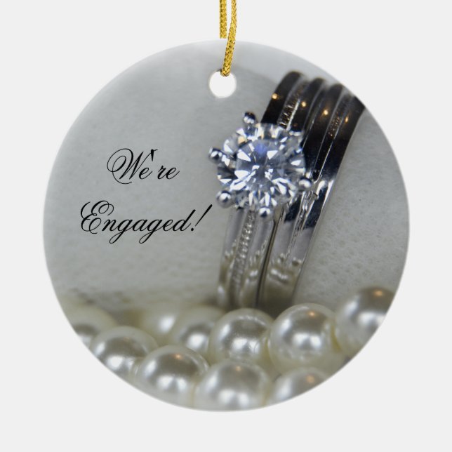 Diamond Rings and White Pearls Engagement Ceramic Ornament (Front)
