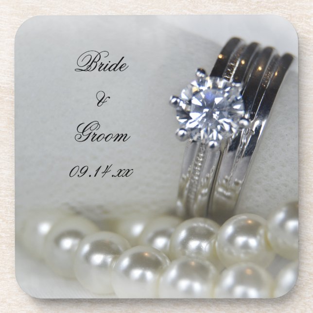 Diamond Rings and White Pearls Wedding Coaster (Front)