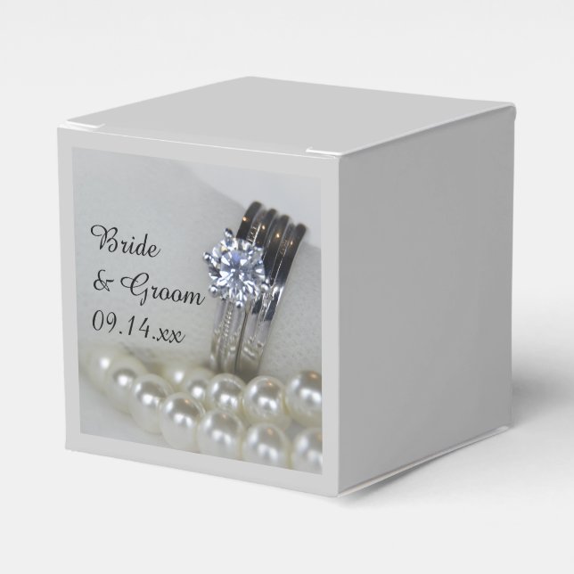 Diamond Rings and White Pearls Wedding Favour Box (Front Side)