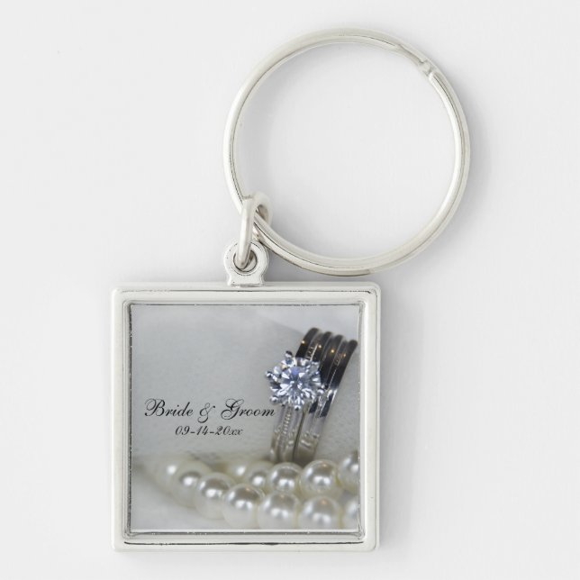 Diamond Rings and White Pearls Wedding Key Ring (Front)