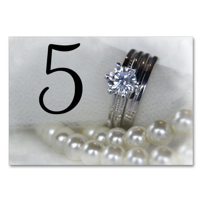 Diamond Rings and White Pearls Wedding Table Number (Front)