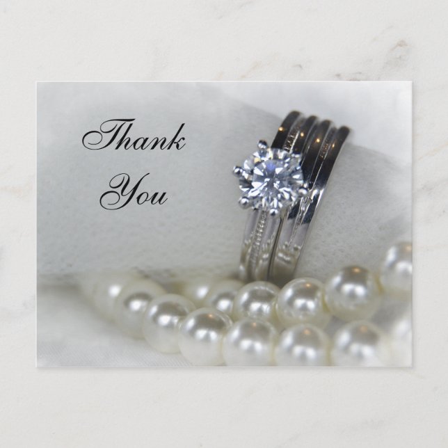 Diamond Rings and White Pearls Wedding Thank You Postcard (Front)