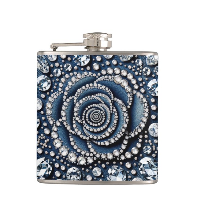 Diamond Rose & Denim Glam Bling Hip Flask (Front)