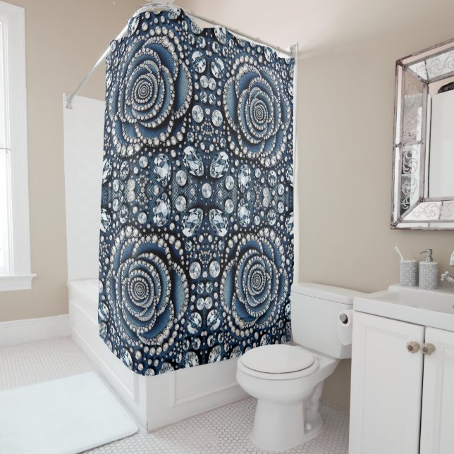 Diamond Rose & Denim Glam Bling Jewels Shower Curtain (In Situ)