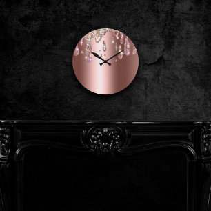 Diamond Rose Gold Drip Glitter Drops on Sateen Round Clock