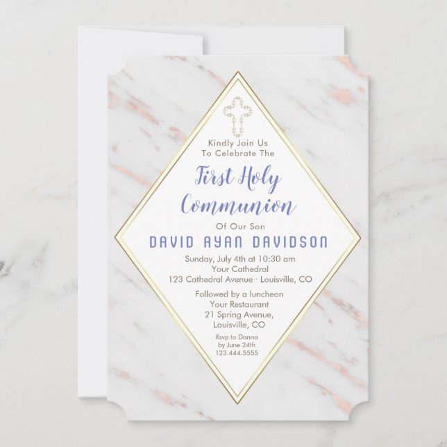 Diamond Rose Gold Marble First Holy Communion Invitation (Front)