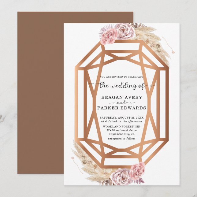 Diamond Shape Dried Pampas Grass Floral Wedding Invitation (Front/Back)