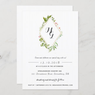 Diamond Shape Watercolor Crest Greenery Invitation