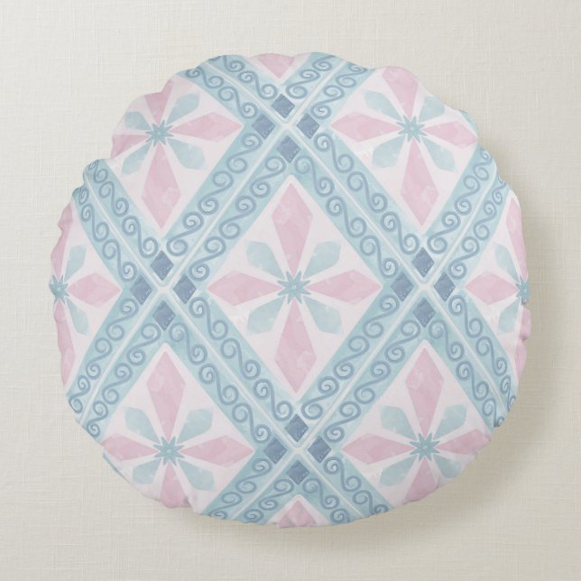 diamond shaped blue pattern round cushion (Front)