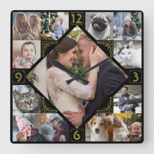 Diamond Shaped Family Photo Collage Mod Black Gold Square Wall Clock
