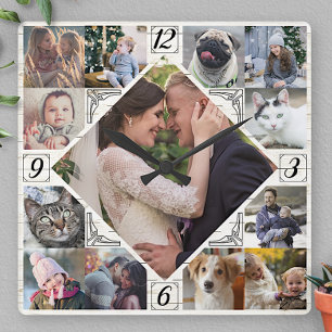 Diamond Shaped Family Photo Collage Rustic Lt Wood Square Wall Clock