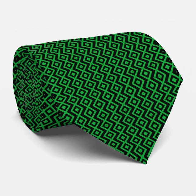 Diamond Shaped Harlequin Pattern Black And Green  Tie (Rolled)