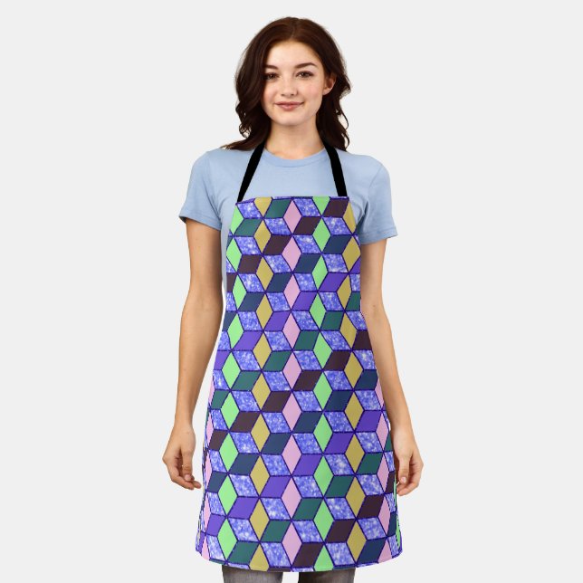 Diamond-Shaped Hexagon Blue Glitter Lined 2 Apron (Worn)