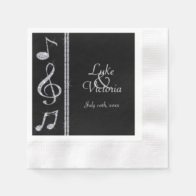 Diamond Shimmer Music Lovers On Black Wedding Napkin (Front)