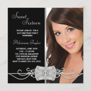 Diamond Silver Black Photo Sweet Sixteen Birthday Invitation
