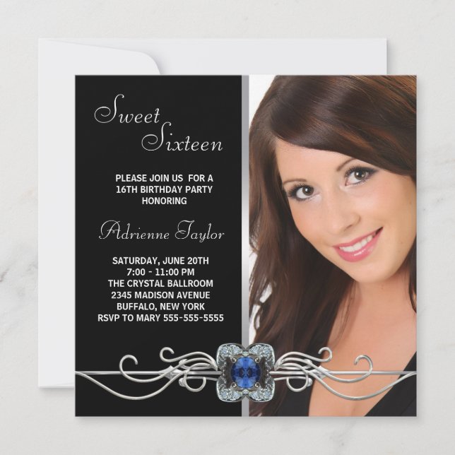 Diamond Silver Black Photo Sweet Sixteen Birthday Invitation (Front)