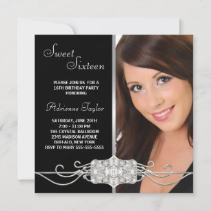 Diamond Silver Black Photo Sweet Sixteen Birthday Invitation
