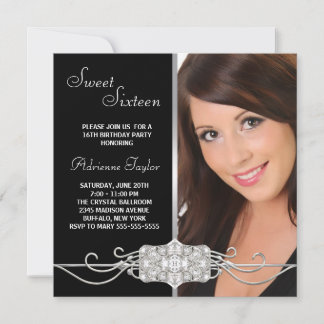 Diamond Silver Black Photo Sweet Sixteen Birthday Invitation