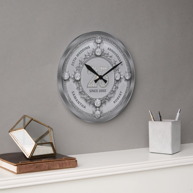Diamond & Silver Frame 25th Wedding Anniversary Large Clock (Office)