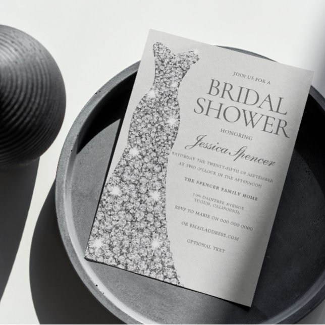 Diamond Silver Shimmer Dress Gown Bridal Shower Invitation (Creator Uploaded)