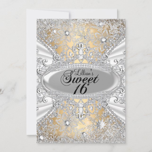 Diamond Snowflake Gold Winter Wonderland Sweet 16 Invitation (Front)