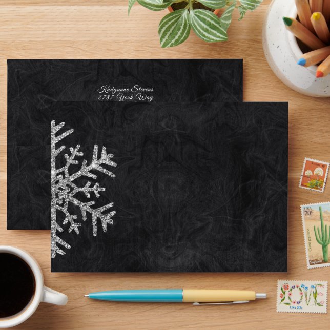 Diamond Snowflake on Black Wedding  Envelope (Desk)
