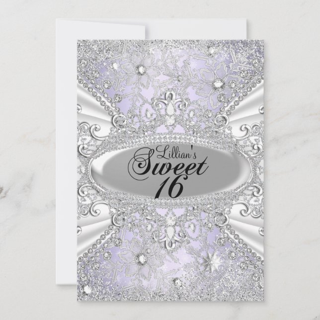 Diamond Snowflake Purple Winter Wonderland Sweet16 Invitation (Front)