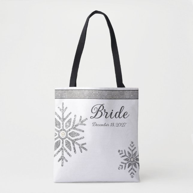 Diamond Snowflake Winter Wedding Bride Tote Bag (Front)