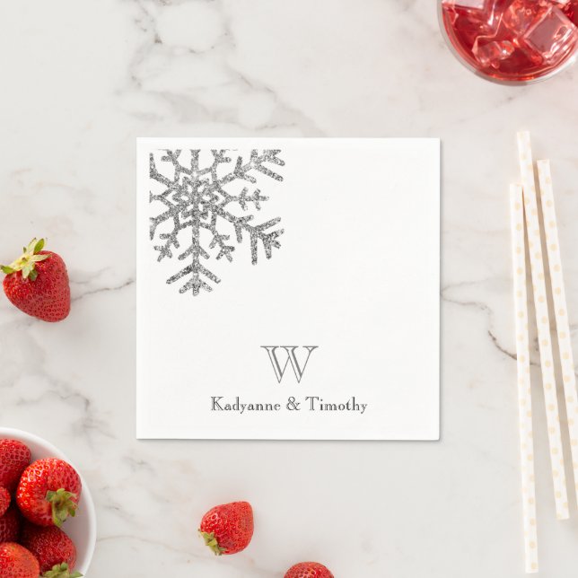 Diamond Snowflake Winter Wedding White Monogram Napkin (Insitu)