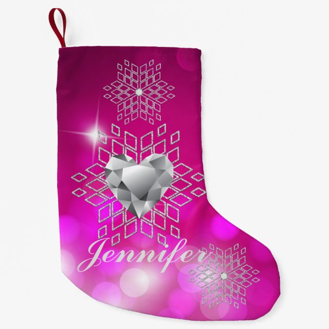 Diamond Snowflakes & Heart Fuschia Bokeh Small Christmas Stocking (Front)