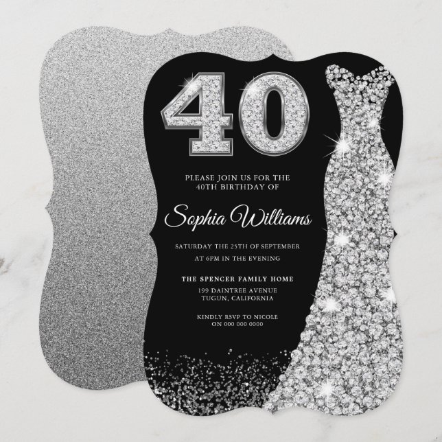 Diamond Sparkle Dress 40th Birthday Party Black Invitation (Front/Back)