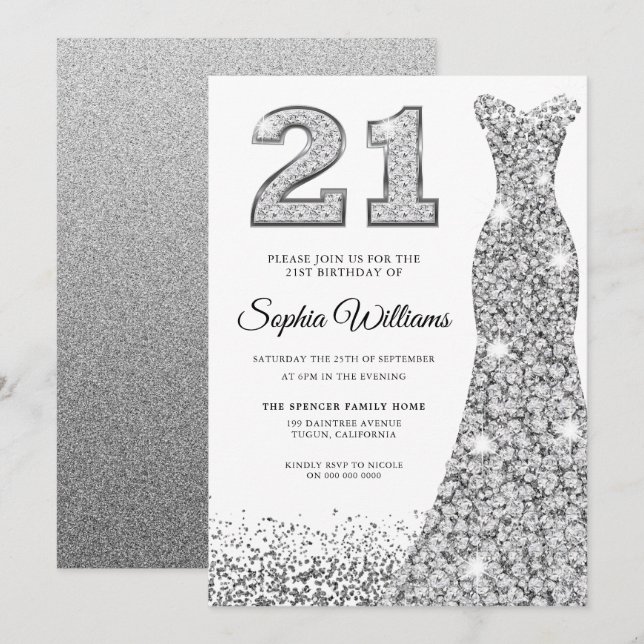 Diamond Sparkle Glitter Dress 21st Birthday Party Invitation (Front/Back)
