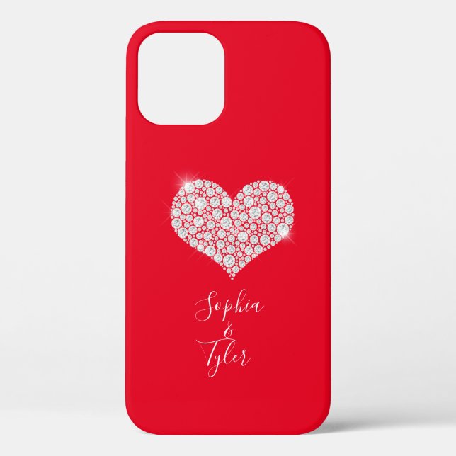 Diamond Sparkle Heart, White Script Names, Red Case-Mate iPhone Case (Back)