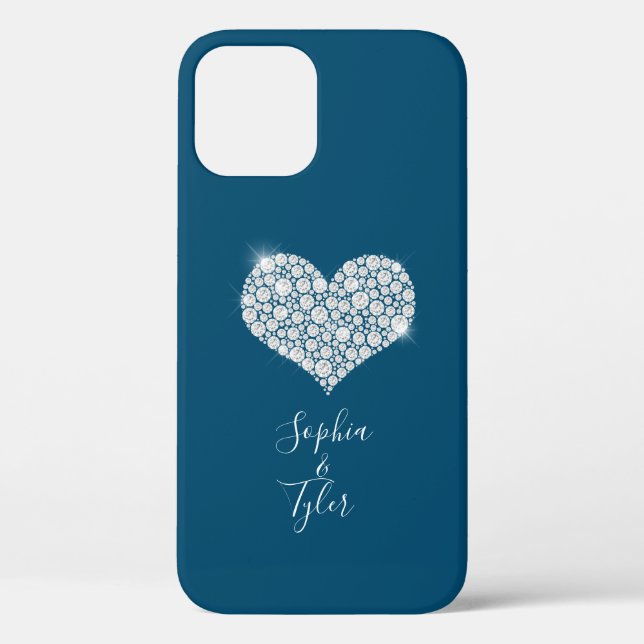 Diamond Sparkle Heart Wht Script Names, Ocean Blue Case-Mate iPhone Case (Back)