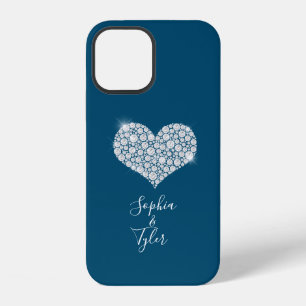 Diamond Sparkle Heart Wht Script Names, Ocean Blue iPhone 12 Case