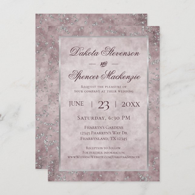 Diamond Sparkle | Mauve and Silver Glitter Wedding Invitation (Front/Back)