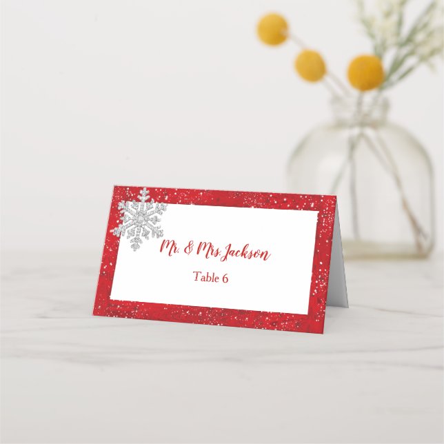 Diamond Sparkle Silver Snowflake Red Satin Place Card (Front)