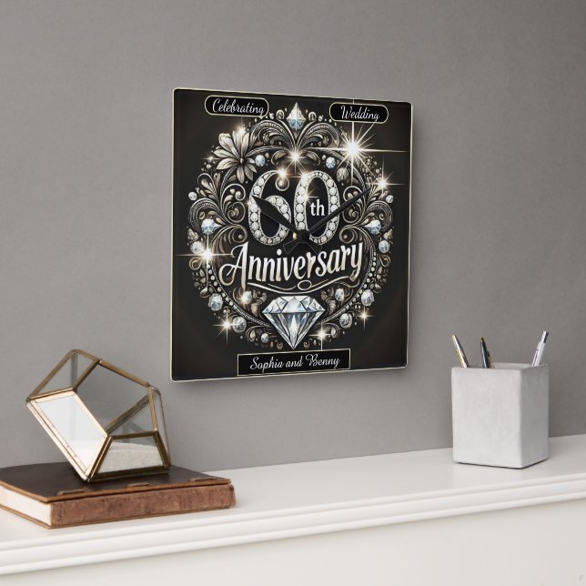 Diamond Splendour: 60th Anniversary Design Square Wall Clock (Office)