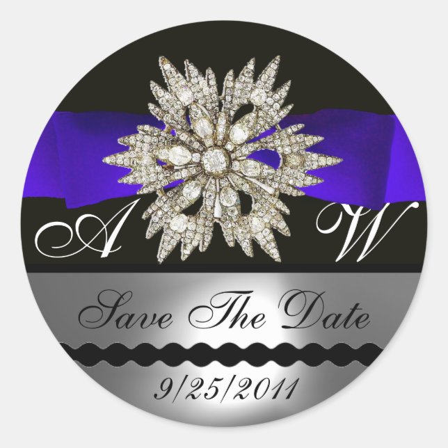 DIAMOND STARS BLACK WHITE BLUE RIBBON MONOGRAM CLASSIC ROUND STICKER (Front)