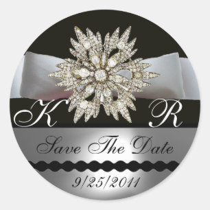 DIAMOND STARS BLACK WHITE RIBBON MONOGRAM CLASSIC ROUND STICKER